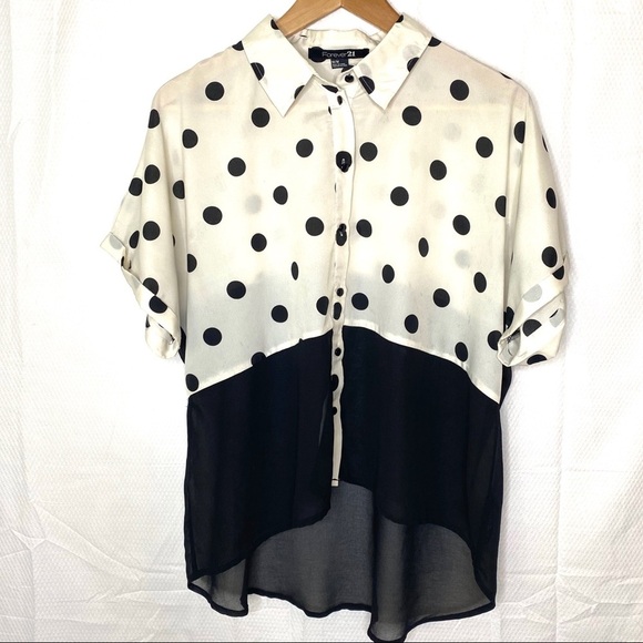 Forever 21 Polka Dot Shirt Black White Chiffon M - Picture 1 of 8